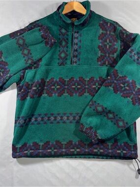 Vintage Eddie Bauer Jacket Mens Medium Green Fleece 1/4 Zip Anorak Geometric 90s
